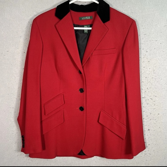 Lauren Ralph Lauren Wool Blazer Womens 14 Red Velvet Collar Equestrian Old Money - Picture 1 of 5
